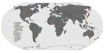 Un mapa de las estaciones de monitorización del tiempo en el espacio establecidas por acuerdo con la ISWI