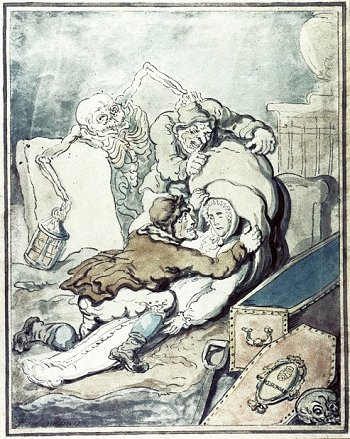 Hombres alteran la paz de una mujer fallecida, mientras la Muerte los acecha. Dibujo coloreado de T. Rowlandson, 1775.