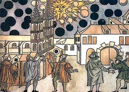 Batalla entre esferas celestes a gran velocidad, coloreadas a mano por Samuel Coccius