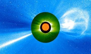 Una eyección de masa coronal [CME, por su sigla en idioma inglés] observada por las naves STEREO, el 12 de diciembre de 2008