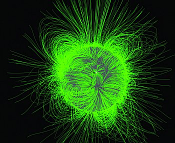 Ilustración de las enrevesadas líneas del campo magnético que se extiende por todo el sol.