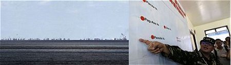 Las fotografías aéreas muestran decenas de grúas, barcos y dragas en el área de la construcción