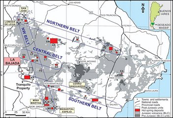 Áreas donde se han detectado los afloramientos del Jurásico (en rojo).